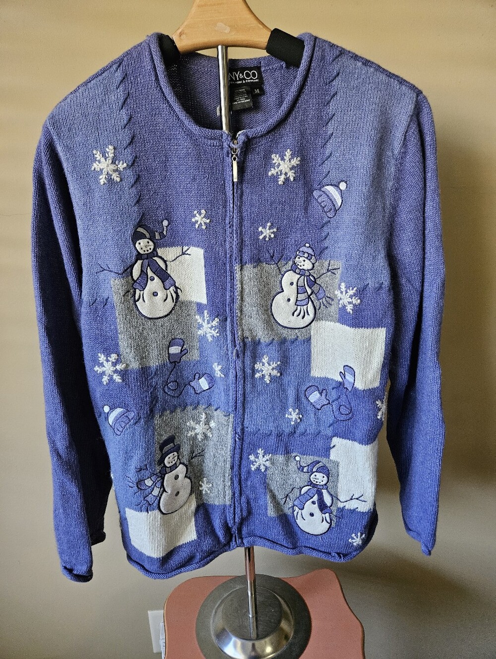 Vintage NY&Co Snowman Patchwork Zip-Up Cardigan Sweater - M